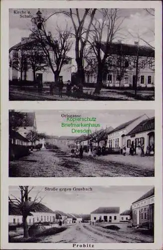 163134 AK Pravice Probitz Südmähren 1938 Kirche Schule Ortsgasse Str.  Grußbach