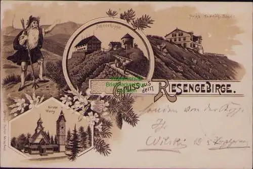 163161 AK Schneekoppe 1897 Litho Riesengebirge Rübezahl Kirche Wang Prinz Heinri