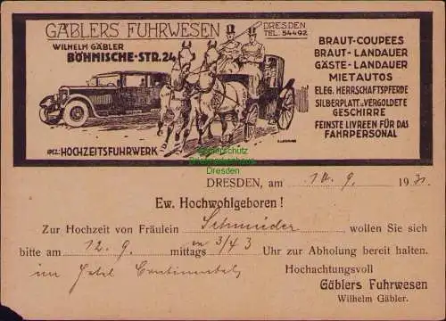 163108 AK Dresden 1931  Gäblers Fuhrwesen Böhmische Str. 24 Hochzeitsfuhrwerk