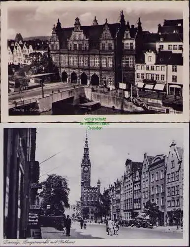 166183 2 AK Danzig Grünes Tor Fotokarte um 1935 langermarkt mit Rathaus