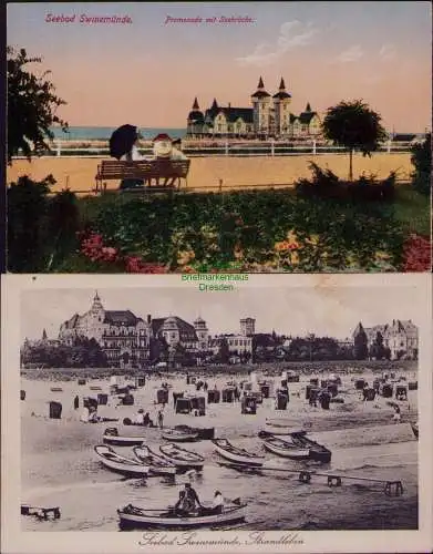 166213 2 AK Swinemünde Swinoujscie Promenade mit Seebrücke Strandleben 1926