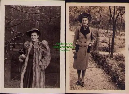 166271 2 Fotos Görlitz 1943 Frau mit Hut Mantel Pelzmantel