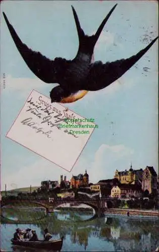 167081 AK Saalfeld Schwalbe mit Brief über der Stadt 1913