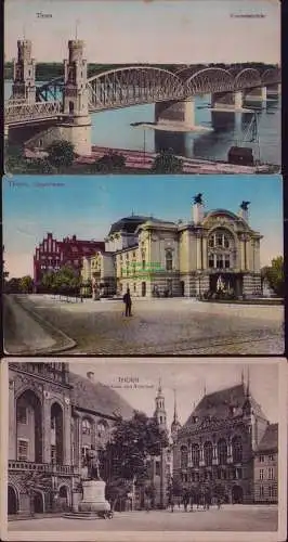166225 3 AK Thorn Torun Westpreußen Eisenbahnbrücke 1907 Stadttheater 1913