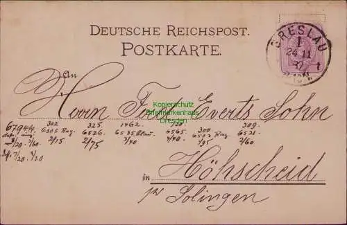 166173 Postkarte Firmeneindruck Hielscher & Diessler Küchengeräte Breslau 1887