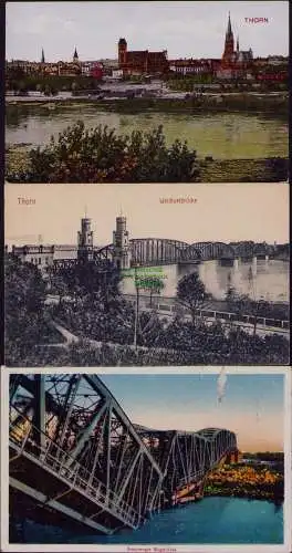 167026 3 AK Thorn Wpr. Torun Panorama 1916 gesprengte Bugbrücke 1918 Weichselbr.