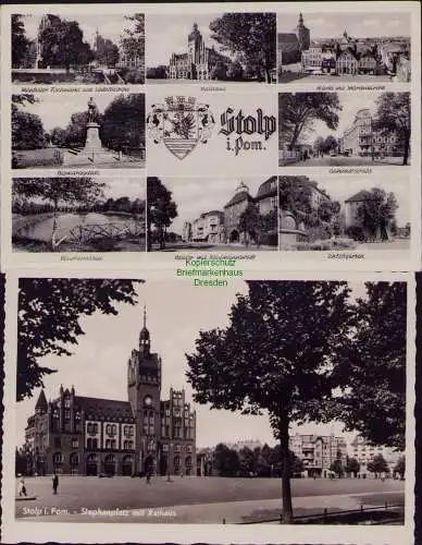 166224 2 AK Stopl in Pommern Stephansplatz mit Rathaus um 1940 8 Ansichten 1955
