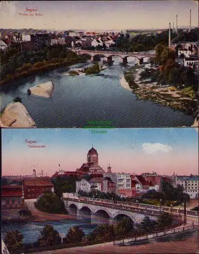167100 2 AK Sagan Zagan 1932 Bober Panorama Brücke