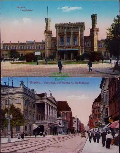 166171 2 AK Breslau Hauptbahnhof um 1915 Schweidnitzer Straße u. Stadttheater