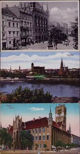 167027 3 AK Thorn Wpr. Torun Panorama 1913 Arthushof 1942 Rathaus 1916