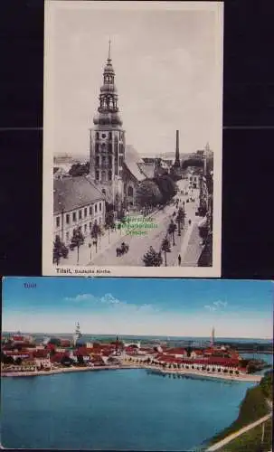166223 2 AK Tilsit Ostpreußen Panorama 1918 Deutsche Kirche um 1915