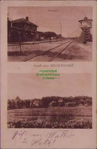166255 AK Beckendorf Bahnhof Gleisseite Wasserturm Ort teilansicht 1920