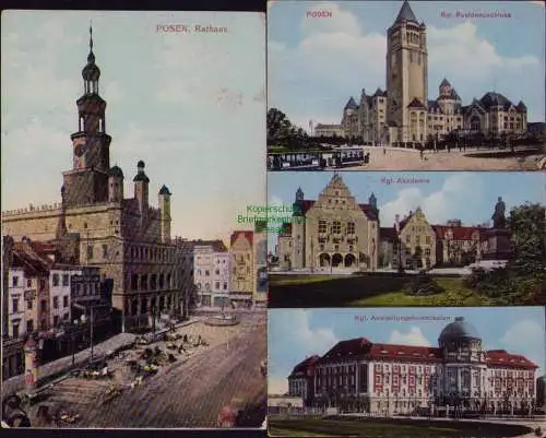 167071 2 AK Posen Poznan Rathaus 1914 Postamtssiegelstempel Krone Posthorn Stemp