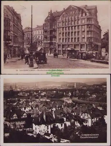 167144 2 AK Saarbrücken Reichsstrasse Ecke Bahnhofstrasse 1925 Gesamt 1932