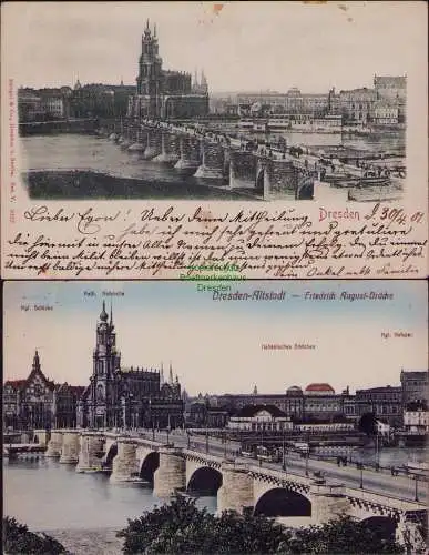 167138 2 AK Dresden Augustusbrücke Blickrichtung Italienisches Dörfchen 1901
