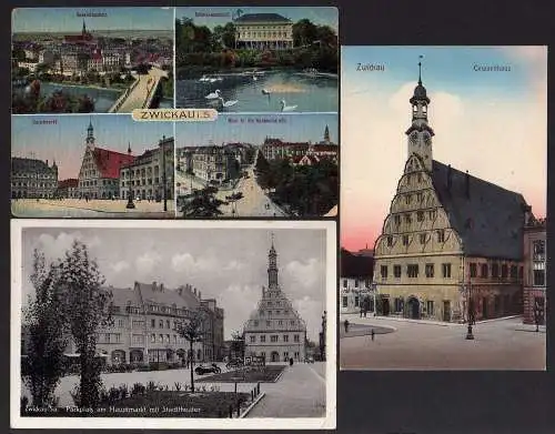 59235 3 AK Zwickau Gewandthaus 1915 Hauptmarkt 1924 Stadttheater 1954