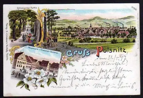 59525 AK Pulsnitz Litho 1897 Hauptmarkt Rietschel Denkmal