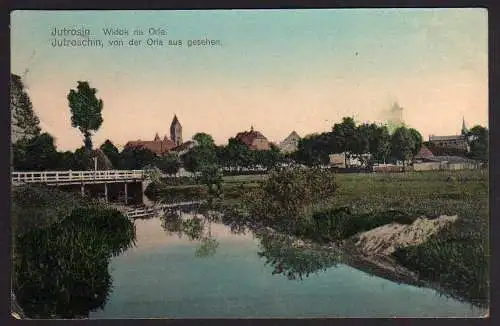 59001 AK Jutrosin Jutroschin Polen Großpolen 1914 Panorama vd Orla aus, Brücke
