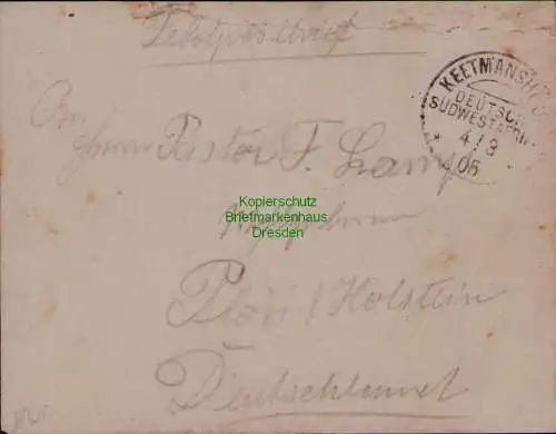 163292 DSW Deutsch Südwestafrika kleiner Feldpostbrief Keetmanshoop 1905 nach