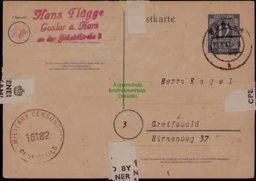 B22072 Brief Zensur BAZ Military Censorship 16182 Goslar 1947 nach Greifswald