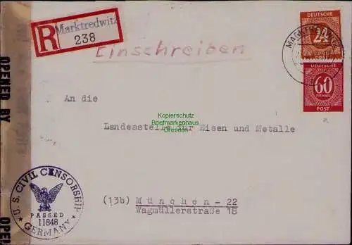 B22067 Brief Zensur BAZ U.S. Civil Censorship 1947 Einschreiben Marktredwitz na
