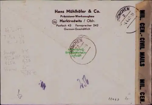 B22067 Brief Zensur BAZ U.S. Civil Censorship 1947 Einschreiben Marktredwitz na
