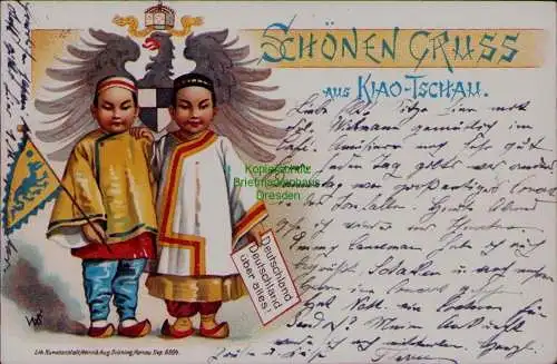163320 AK Litho Gruss aus Kiautschou 1898 Künstlerkarte WS China Kinder