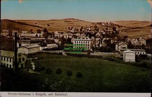 163229 AK Nieder Gelenau i. Erzgeb. mit Bahnhof 1917 Bahnpost Thum Willischthal