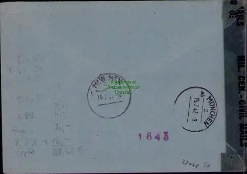 B22068 Brief Zensur BAZ U.S. Civil Censorship Stuttgart München Einschreiben 194
