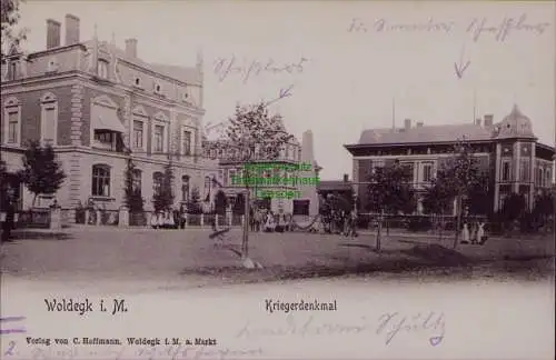 163205 AK Woldegk i. M . Schulhaus um 1910 Kriegerdenkmal Konditorei Schultz