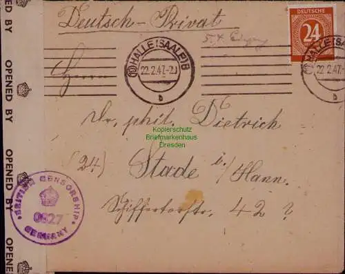 B22076 Brief Zensur BAZ British Censorship Germany 1947 Halle Saale nach Stade