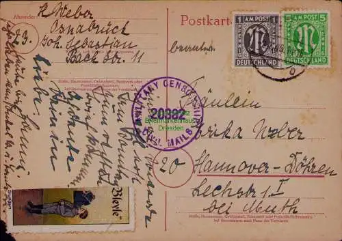 B22074 Brief Zensur BAZ Military Censorship 20382 Osnabrück 1946 nach Hannover