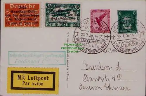 B22001 AK Schneekoppe Riesengebirge Krummhübel Brückenberg 1928 Segelflug SST