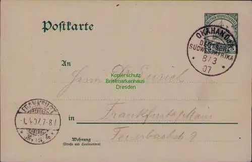 163296 AK DSW Deutsch Südwestafrika Ganzsache Okahandja 1907 nach Frankfurt