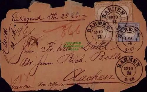 B22032 Teil einer Briefvorderseite Wertbriefes DR 20 3x 22 Barmen 1874 Aachen