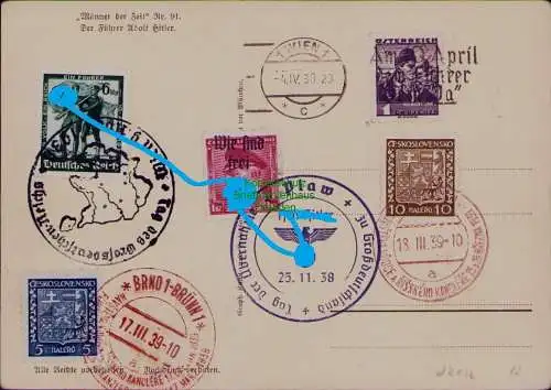 B22012 Postkarte Plaw Wien Brünn 1938 Propaganda Stempel Männer der Zeit