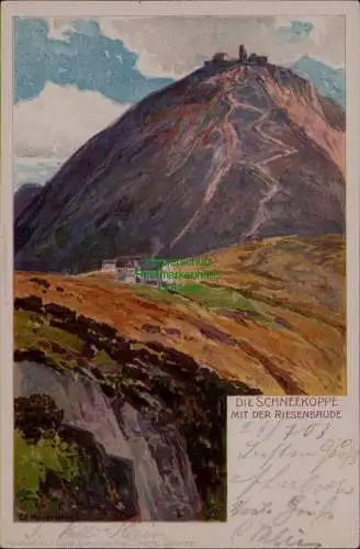 163187 AK Litho Schneekoppe Riesengebirge 1903 mit der Riesenbaude