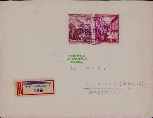 B22013 Brief Einschreiben Teplitz Schönau 1938 Propaganda Stempel nach Luzern CH