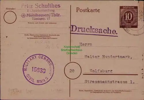 B22057 Ganzsache Zensur BAZ Military Censorship aus Mühlhausen Thür. n Wolfsburg