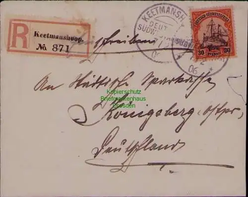 B22103 R-Brief DSW Deutsch Südwestafrika Keetmanshoop 1906 nach Königsberg Opr.