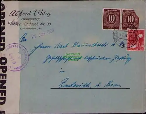 B22064 Brief Zensur BAZ British Censorship Mülsen Sankt Jacob 1948 nach Endenich