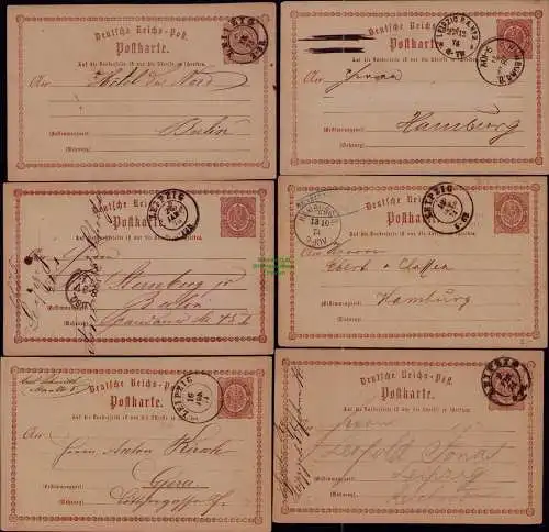 B22050 6x Ganzsache DR Deutsches Reich Leipzig Hamburg 1874 1875 Aufbrauch als