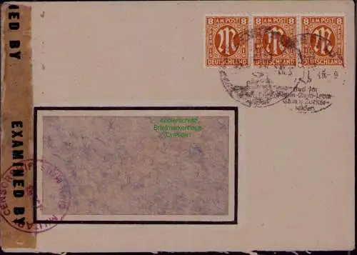 B22079 Brief Zensur BAZ 3x 5 Pfg. Hersfeld 1946 Military Censorship
