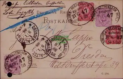 B22054 Postkarte DR Bahnpost Dresden Reichenbach V. 1888 Eilboten Bote bezahlt