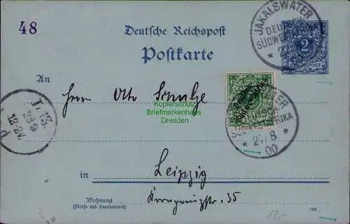 B22107 Ganzsache DSW Deutsch Südwestafrika Jakalswater + Mi. 6 1900 nach Leipzig