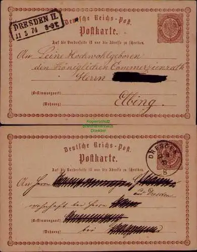 B22049 2x Ganzsache DR Deutsches Reich Dresden 1873 1874 nach Elbing je gepr.