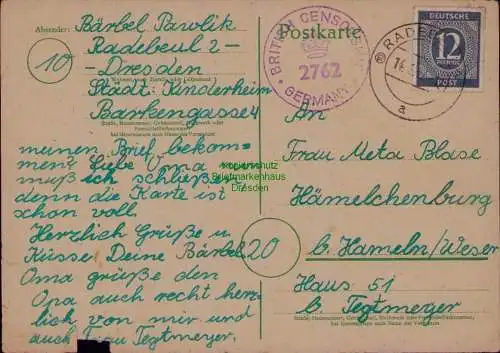 B22058 Zensur BAZ British Censorship Germany Postkarte Radebeul nach Hameln