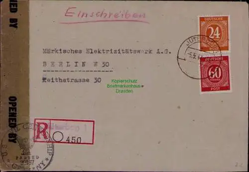 B22062 Brief Einschreiben Jüterbog 1947 Zensur BAZ US Civil Censorship n. Berlin