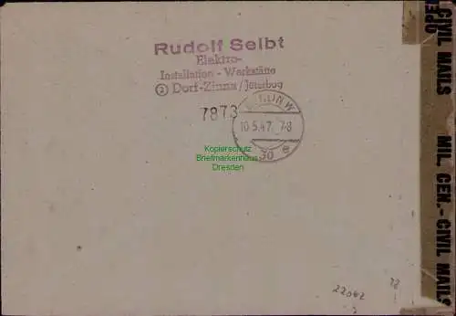 B22062 Brief Einschreiben Jüterbog 1947 Zensur BAZ US Civil Censorship n. Berlin