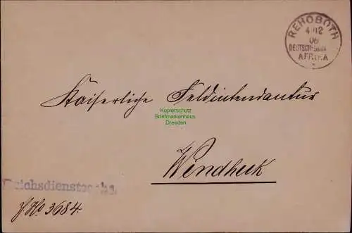 B22111 Brief DSW Deutsch Südwestafrika Rehoboth nach Windhuk 1906 RDS Reichsdie